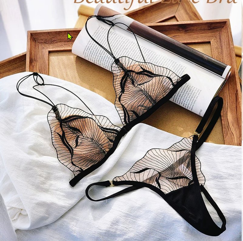 Before: flat lay of black lace lingerie set on wooden tray